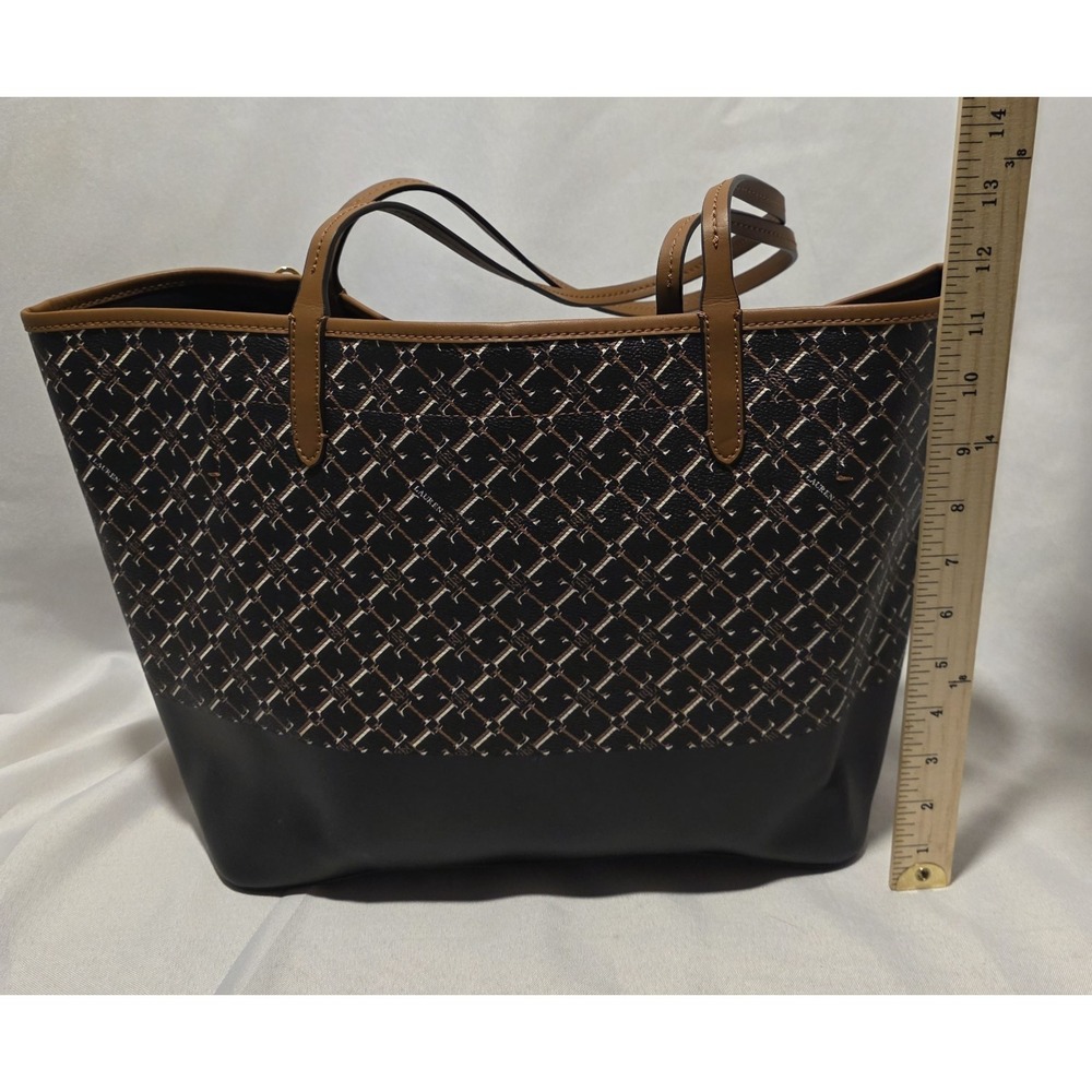Lauren Ralph Lauren Lightweight Leather Monogram BrownTote Bag w Horseshoe Charm - Picture 4 of 6